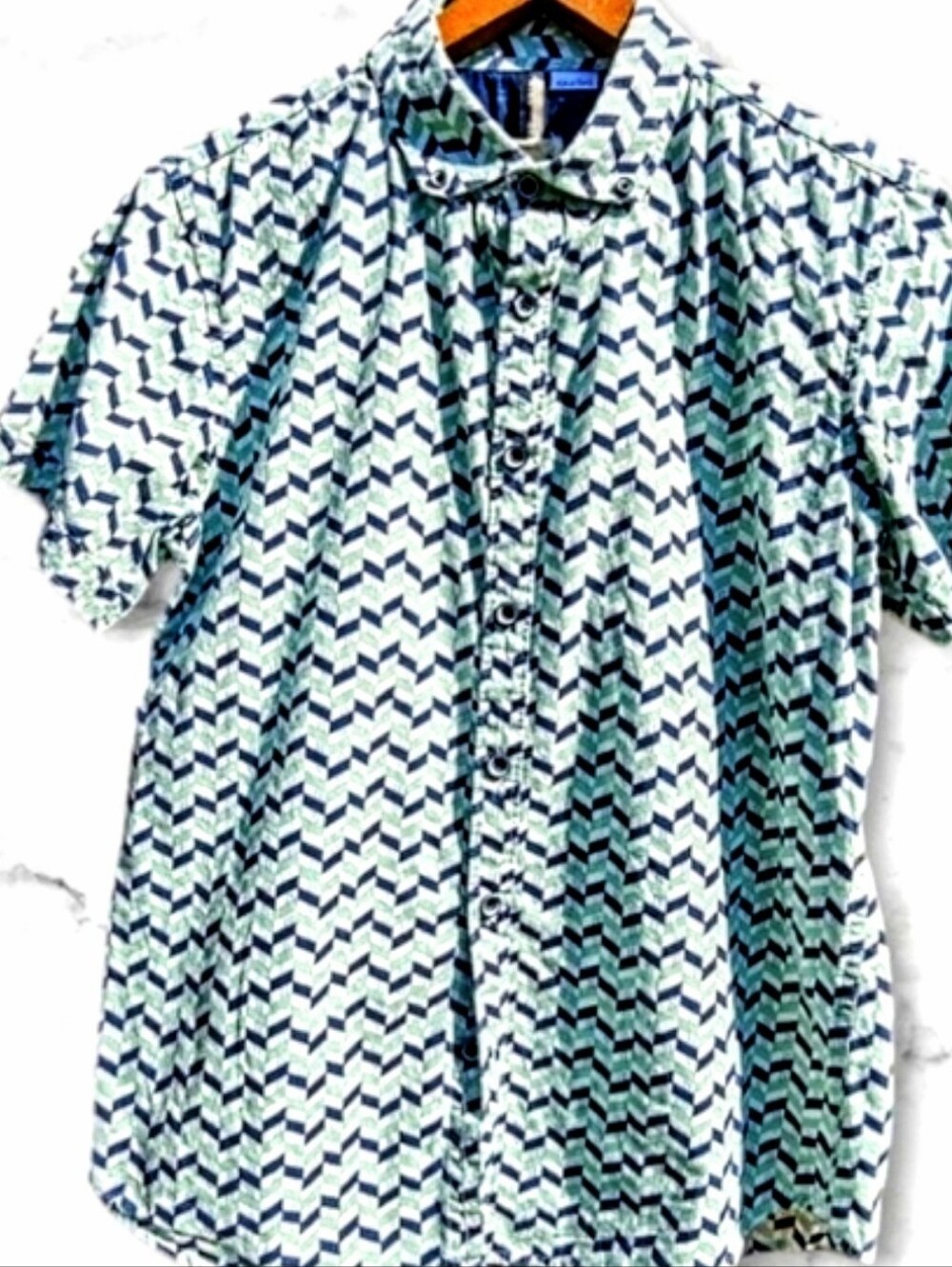 :S: Raw Brand Men's Button Up Blue, Green & White Short Sleeved Cotton Shirt.